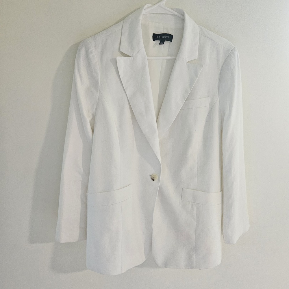 Womens Single Button Blazer Jacket Sz 10 Talbots White Chic Career Minimalist